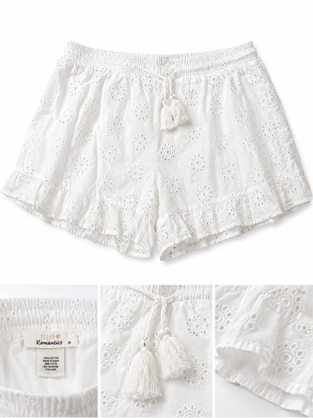 Romantic White Eyelet Cotton Shorts with Tassel Waist